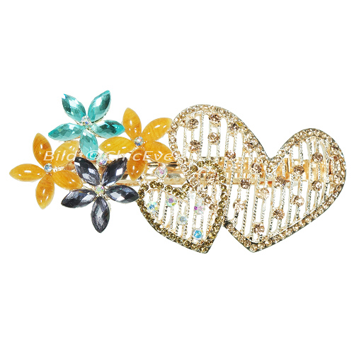 Haarclip Herzen & Blumen Haarspange Strass Metall Acryl champagner gelb türkis grau 5681b - zum Schließen ins Bild klicken